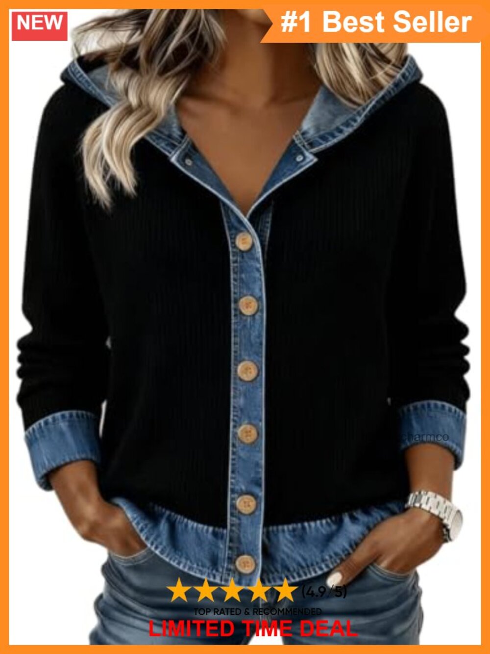 Hooded Shirt Jacket Patchwork Plaid Cotton Denim Blend Women's Casual Fall